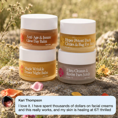 Frøya Organics Complete Mature Skin System — four balm jars outdoors with customer review