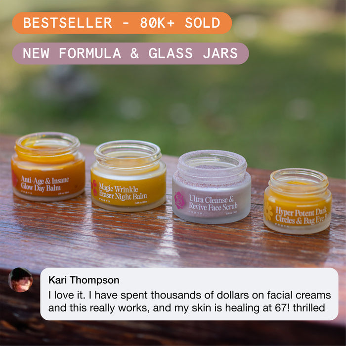 Frøya mature women's skin system bestseller jars with a customer review and new glass jars