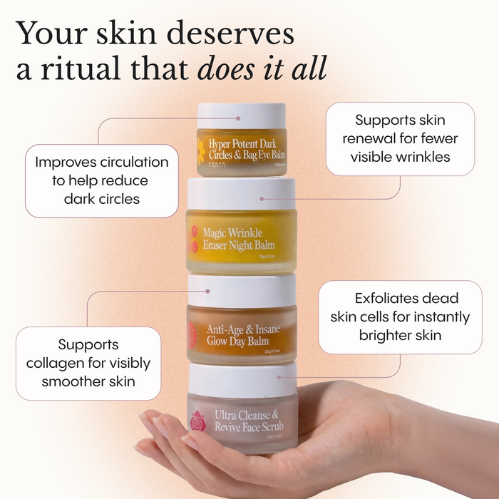 Frøya Organics Complete Mature Skin System — stacked jars held in hand with benefit callouts