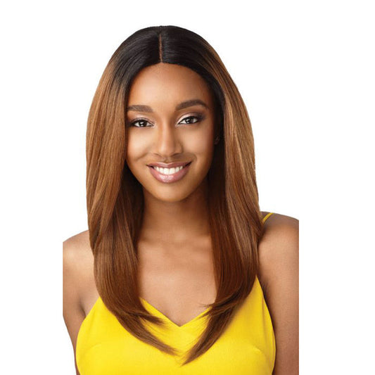 OUTRE 20 inch synthetic lace front wig brown ombre straight middle part on smiling model