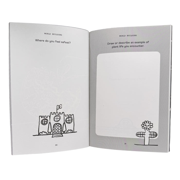 Open journal pages with line drawings and a blank activity box on the right