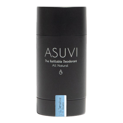 Black ASUVI deodorant container on a white background