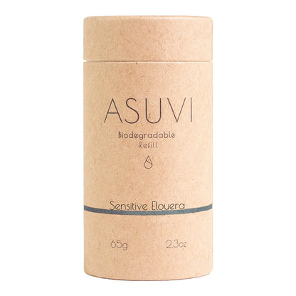 Biodegradable refill container with 'ASUVI' branding on a white background
