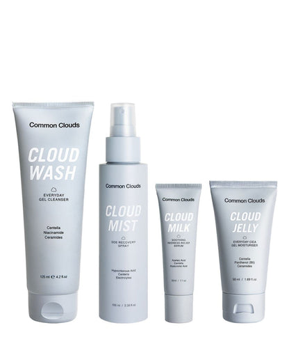 Set of Common Clouds skincare products including Cloud Wash, Cloud Mist, Cloud Milk, and Cloud Jelly on a white background.