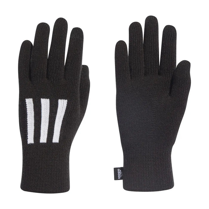 Black Adidas Three Stripes Conductive Gloves, designed for cold weather and touchscreen use, featuring the iconic three stripes.