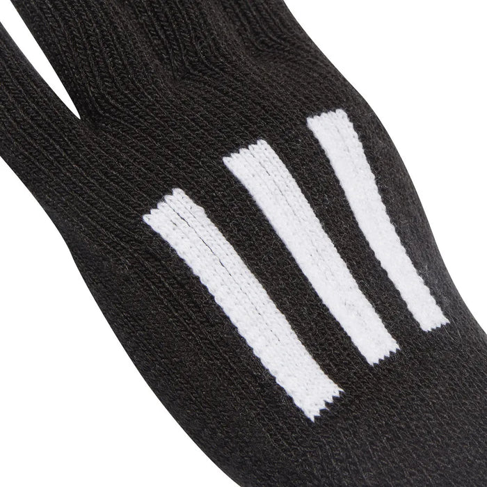 Black Adidas Three Stripes Conductive Gloves showing the textured fabric and branding on the wrist area.