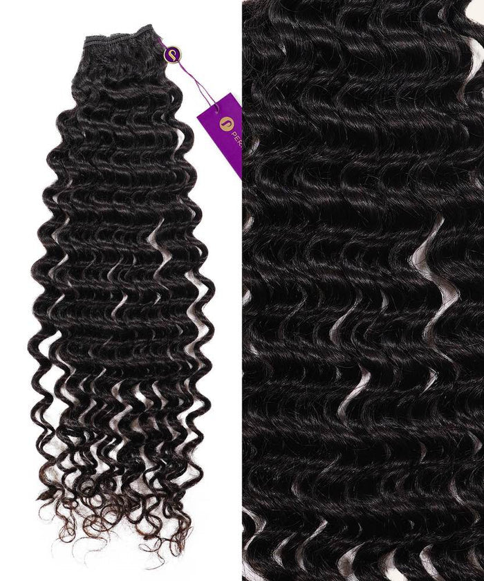 A bundle of luxurious, deep wave hair extensions with a magenta tag is on the left; right side highlights tight, shiny curls.