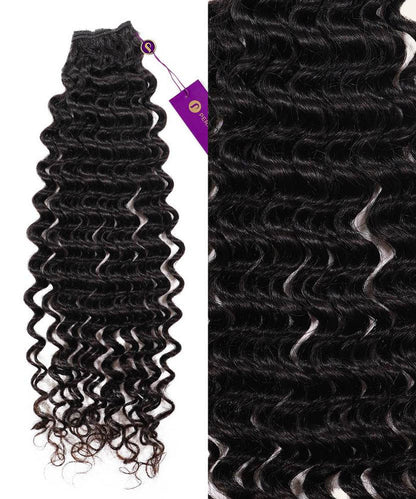 A bundle of luxurious, deep wave hair extensions with a magenta tag is on the left; right side highlights tight, shiny curls.