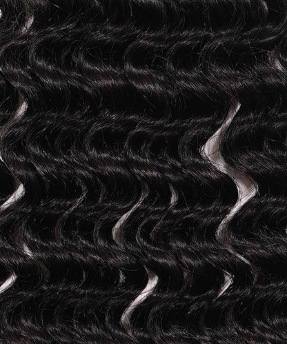 Close-up of shiny, dark brown or black wavy hair with defined loose curls in a uniform pattern, highlighting natural texture.