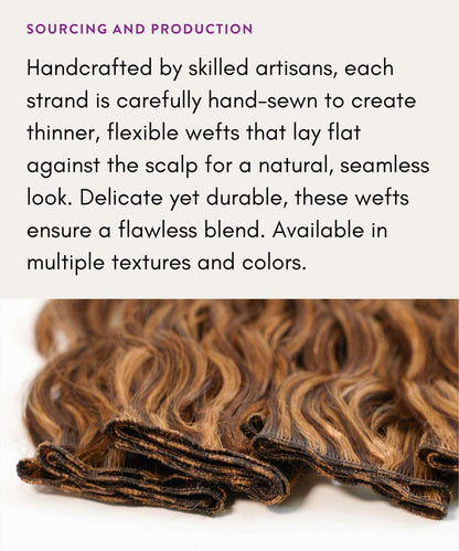 A close-up showcases brown wavy hair extensions on a light surface, highlighting handcrafted craftsmanship and seamless weft blend.