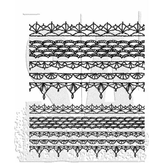 Tim Holtz - Cling Stamps 7"X8.5" - Crochet Trims. Stampers Anonymous-Tim Holtz Cling Rubber Stamps. These red rubber stamps come mounted on cling foam so you can use them with any acrylic block (sold separately). Available at Embellish Away located in Bowmanville Ontario Canada.