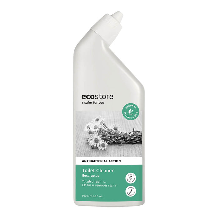 Bottle of ecostore toilet cleaner with a eucalyptus image on the label.