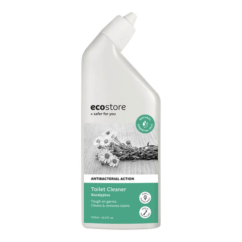 Bottle of ecostore toilet cleaner with a eucalyptus image on the label.