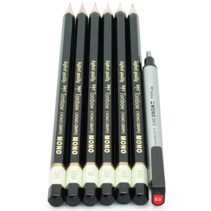 Tombow - MONO Drawing Pencils 6/Pkg & Eraser Set - 2H, HB, B, 2B, 4B & 6B
