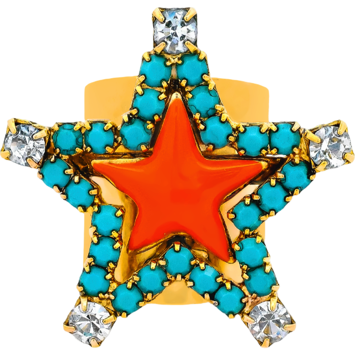 Star-shaped pendant with turquoise stones, red center, and gold border on a white background