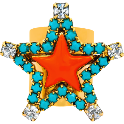 Star-shaped pendant with turquoise stones, red center, and gold border on a white background