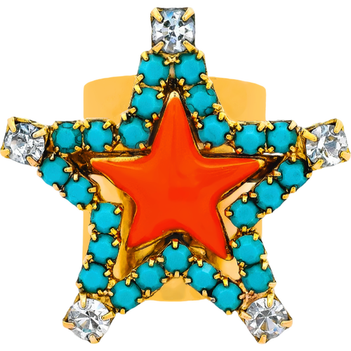Star-shaped pendant with turquoise stones, red center, and gold border on a white background