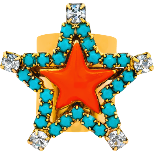 Star-shaped pendant with turquoise stones, red center, and gold border on a white background