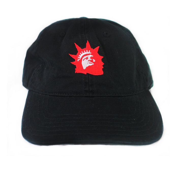 The Trophy Eyes Black Dad Hat features a Liberty Red Logo—a red embroidered outline of the Statue of Liberty’s head and crown on the front—displayed against a white background.