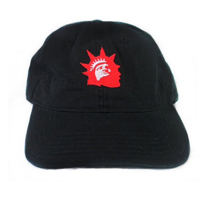 The Trophy Eyes Black Dad Hat features a Liberty Red Logo—a red embroidered outline of the Statue of Liberty’s head and crown on the front—displayed against a white background.