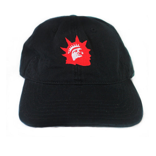 The Trophy Eyes Black Dad Hat features a Liberty Red Logo—a red embroidered outline of the Statue of Liberty’s head and crown on the front—displayed against a white background.