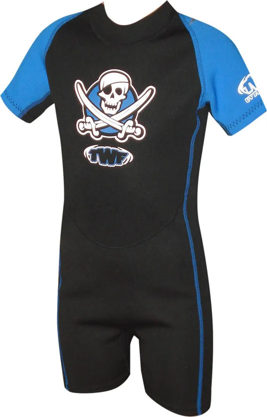 TWF Kids Pirate 2mm summer shortie wetsuit in black and blue, designed for children, with a pirate theme and short sleeves.