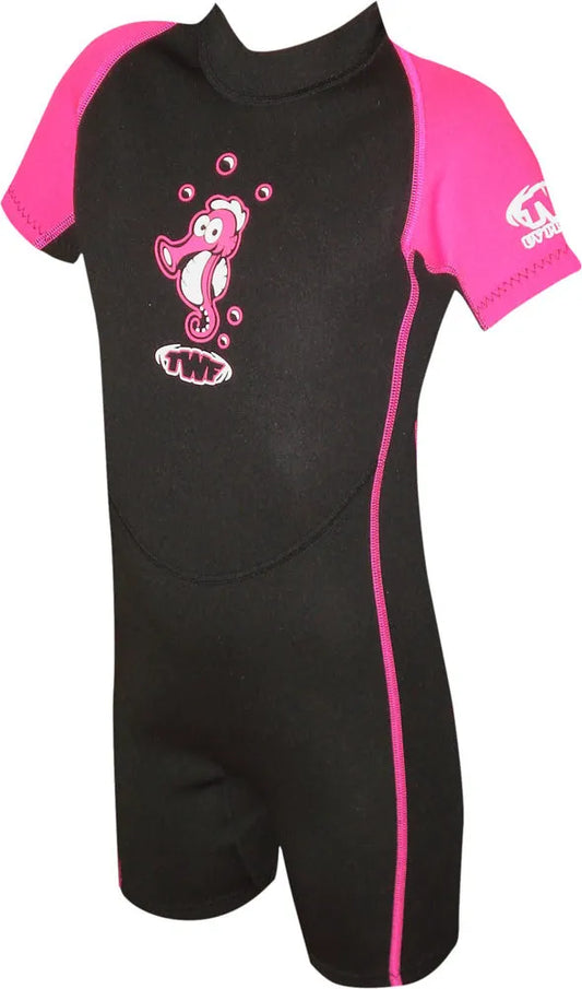 TWF Kids Seahorse 2mm shortie wetsuit in black and pink, designed for children’s summer water activities.