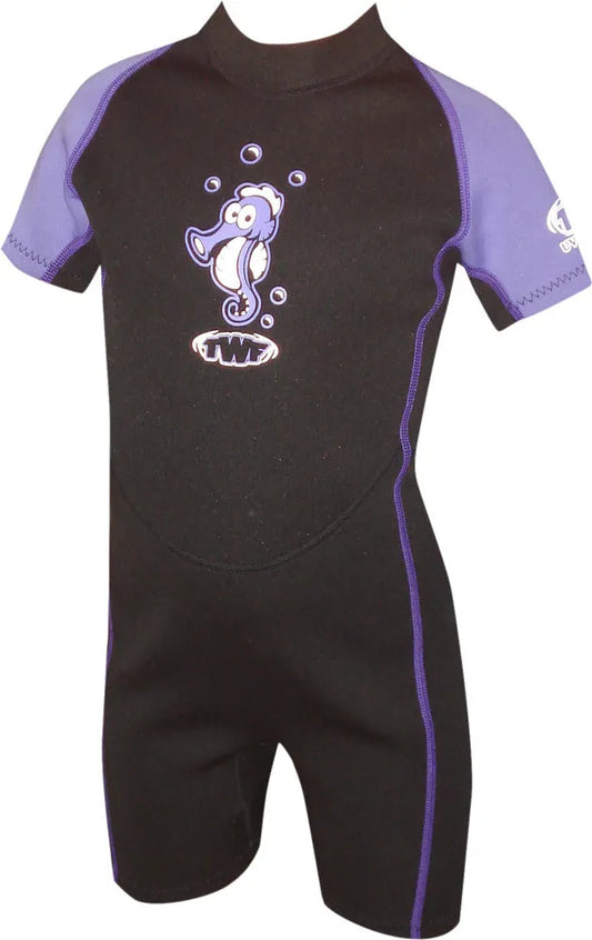 TWF Kids Seahorse 2mm shortie wetsuit in black and purple, designed for young children, with a snug fit for summer water activities.