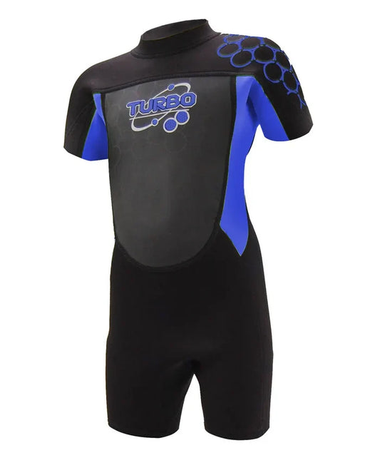 TWF Kids Turbo 2.5mm shortie wetsuit in black and blue, designed for children aged 7-8, featuring a flexible neoprene material.