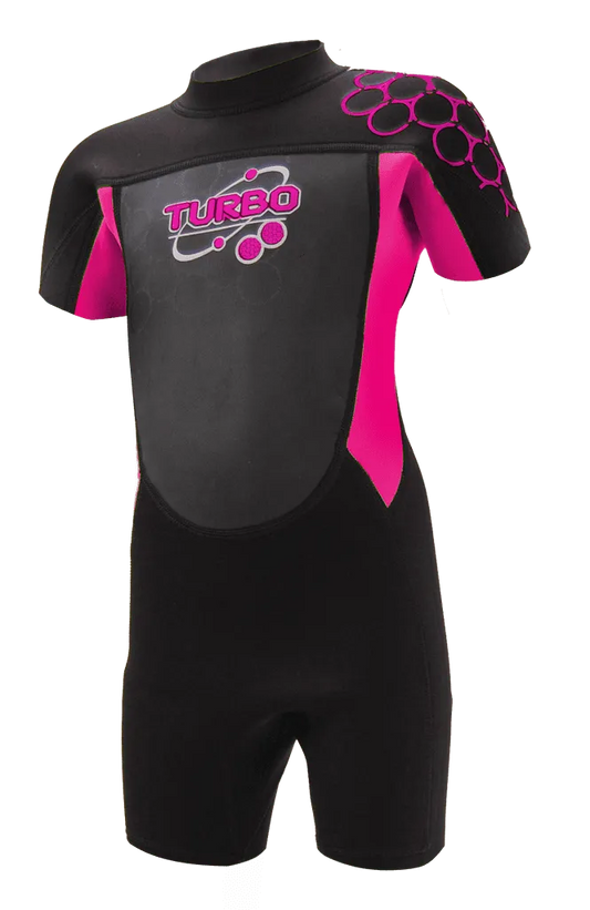 TWF Kids Turbo 2.5mm shortie wetsuit in black and pink, designed for children aged 7-8, for water sports and swimming.