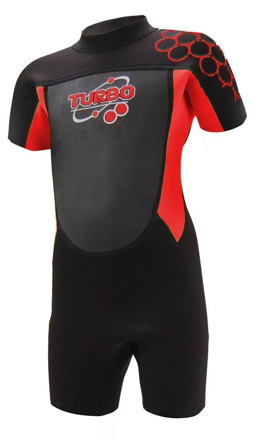 TWF Kids Turbo 2.5mm shortie wetsuit in black and red, designed for children ages 7-8, with a snug fit and flexible material.