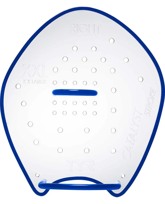 TYR Catalyst Stroke Training Paddle in clear plastic with adjustable straps, designed for swim training and improved stroke technique.