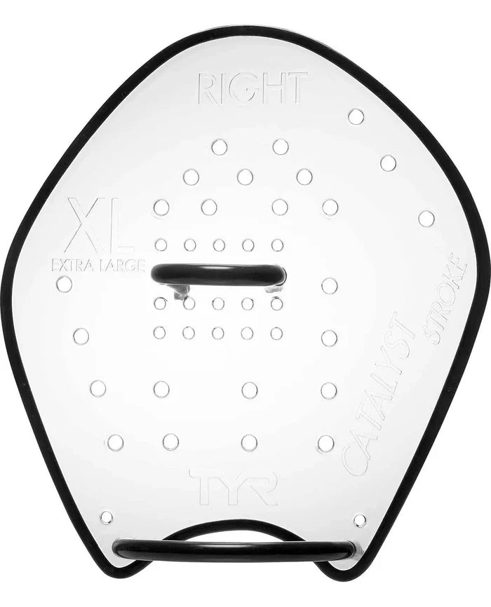 TYR Catalyst Stroke Training Paddle in clear with ergonomic handle and paddle surface for swim training and stroke improvement
