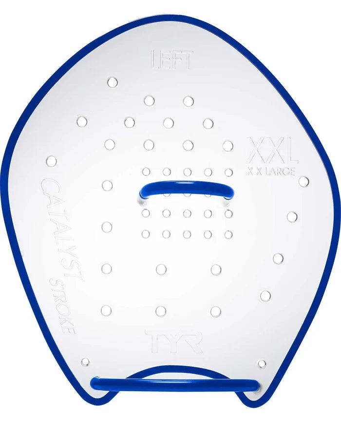 TYR Catalyst Stroke Training Paddle in clear, with ergonomic grip and large blade for swimming training, shown on a white background.