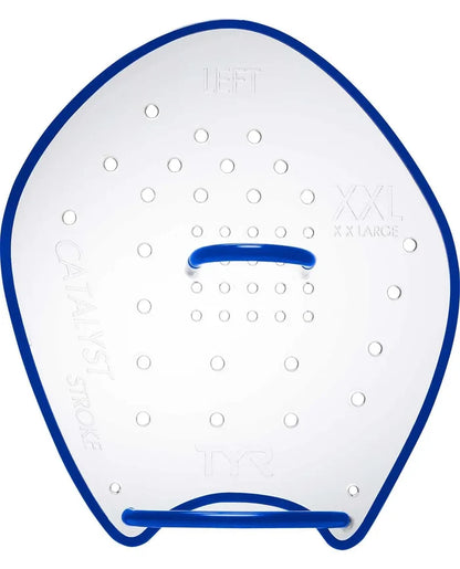 TYR Catalyst Stroke Training Paddle in clear, with ergonomic grip and large blade for swimming training, shown on a white background.