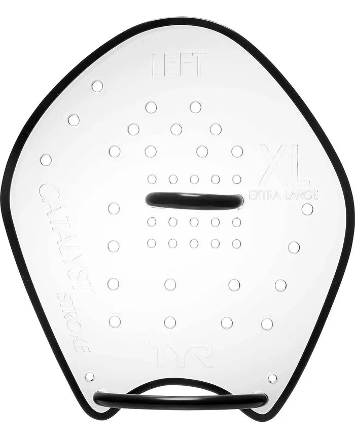 TYR Catalyst Stroke Training Paddle in clear plastic, designed for swimming practice, with ergonomic grips and adjustable straps.