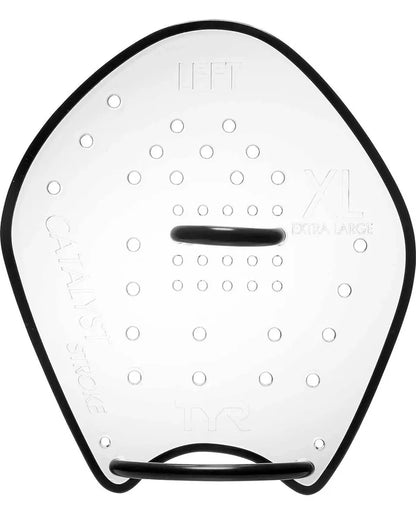TYR Catalyst Stroke Training Paddle in clear plastic, designed for swimming practice, with ergonomic grips and adjustable straps.
