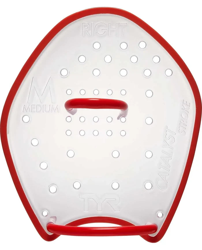 Clear TYR Catalyst Stroke Training Paddle with ergonomic design, flexible blades, and adjustable straps for swimming practice.