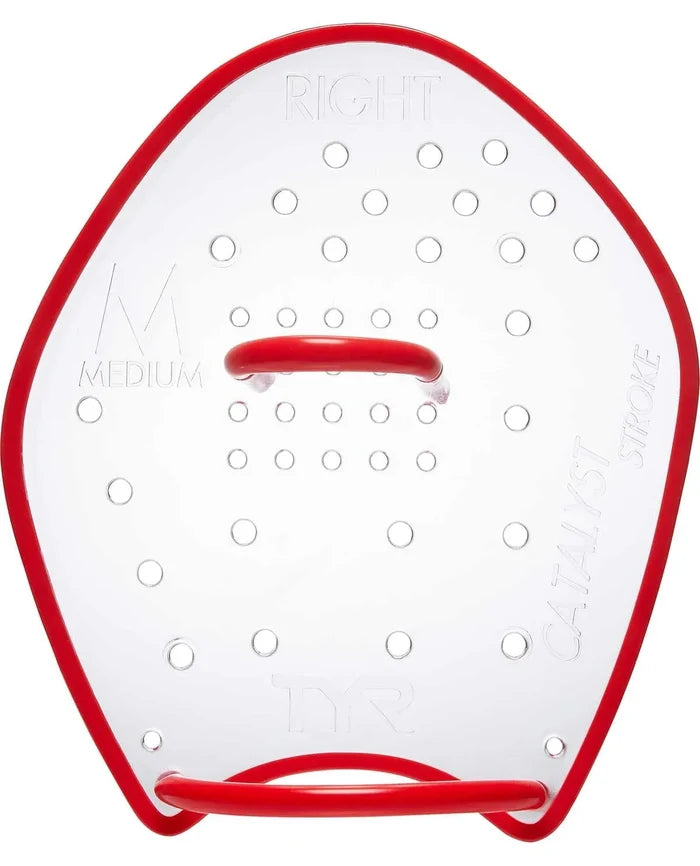 TYR Catalyst Stroke Training Paddle in clear, lightweight plastic with textured surface for enhanced swimming stroke technique.