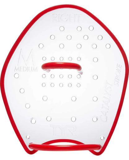 TYR Catalyst Stroke Training Paddle in clear, lightweight plastic with textured surface for enhanced swimming stroke technique.