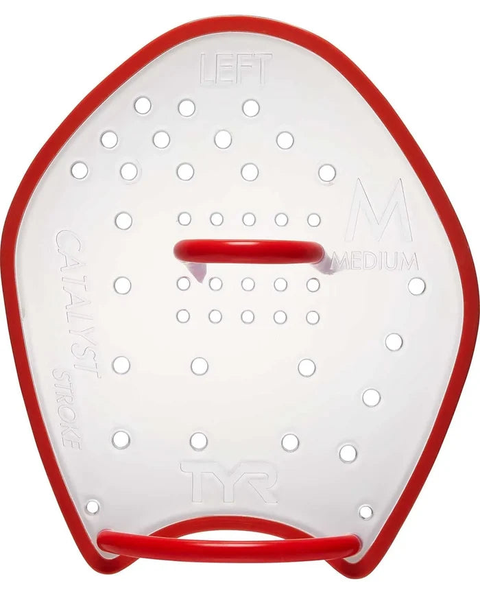 TYR Catalyst Stroke Training Paddle in clear plastic for swim training, featuring ergonomic design and adjustable straps.