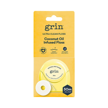 30m Grin Ultra Clean Coconut Oil Infused Floss, comes with 30m refill.