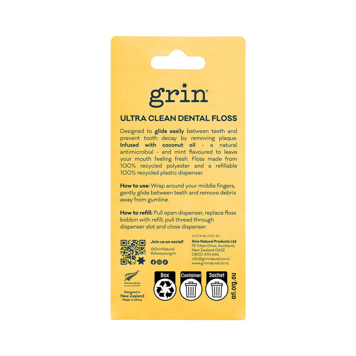 Back of 30m Grin Ultra Clean Coconut Oil Infused Floss, comes with 30m refill.