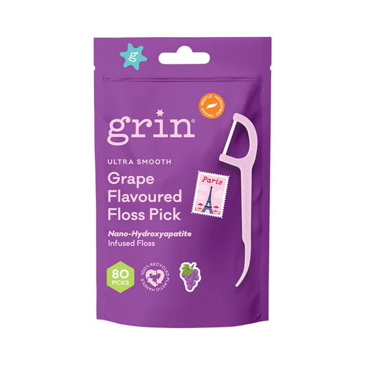 80 pack of Grin Ultra Smooth Grape Flavoured Floss Picks infused with nano-hydroxyapatite.