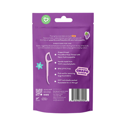 Back of 80 pack of Grin Ultra Smooth Grape Flavoured Floss Picks infused with nano-hydroxyapatite.