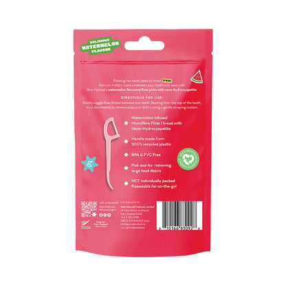 Back of 80 pack of Grin Ultra Smooth Watermelon Flavoured Floss Picks infused with nano-hydroxyapatite.