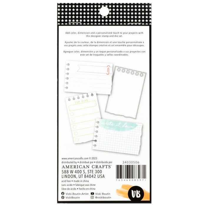 Vicki Boutin Stamp & Die Set- Notepad, a dynamic combination of high-quality acrylic stamps and matching dies. This stamp and die set will become an essential tool for adding intricate and detailed designs to your creations. Includes a 4 piece set. Available at Embellish Away located in Bowmanville Ontario Canada.