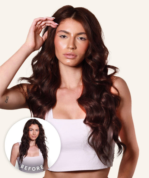 A woman with long, voluminous styled natural black hair in a white crop top poses confidently, showing her Perfect Locks transformation. Inset before shows her previously shorter, less styled hair.
