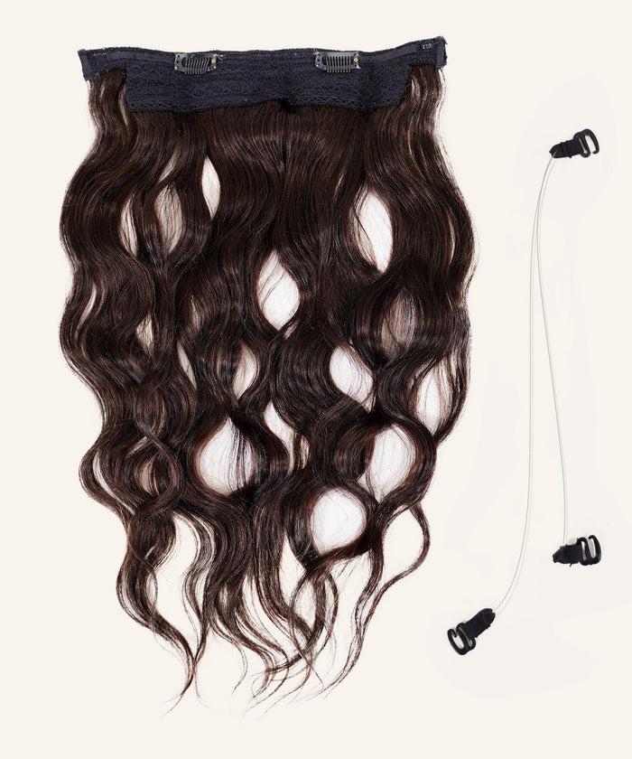 The Wavy Perfect Crown Hair Extensions by Perfect Locks in Chocolate Brown , feature wavy Remy hair with clip-in fasteners and an adjustable elastic band with black clips.#color_natural-black-(1B)