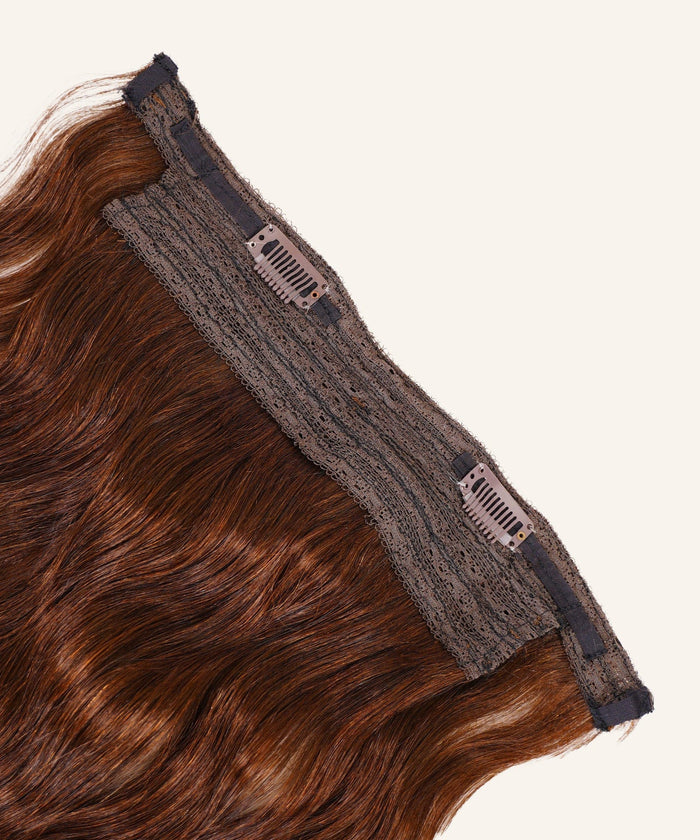 Close-up of Perfect Locks Wavy Perfect Crown Hair Extensions in Dark Auburn , with wavy strands and two metal clips on a lace base.#color_chocolate-brown-(3)